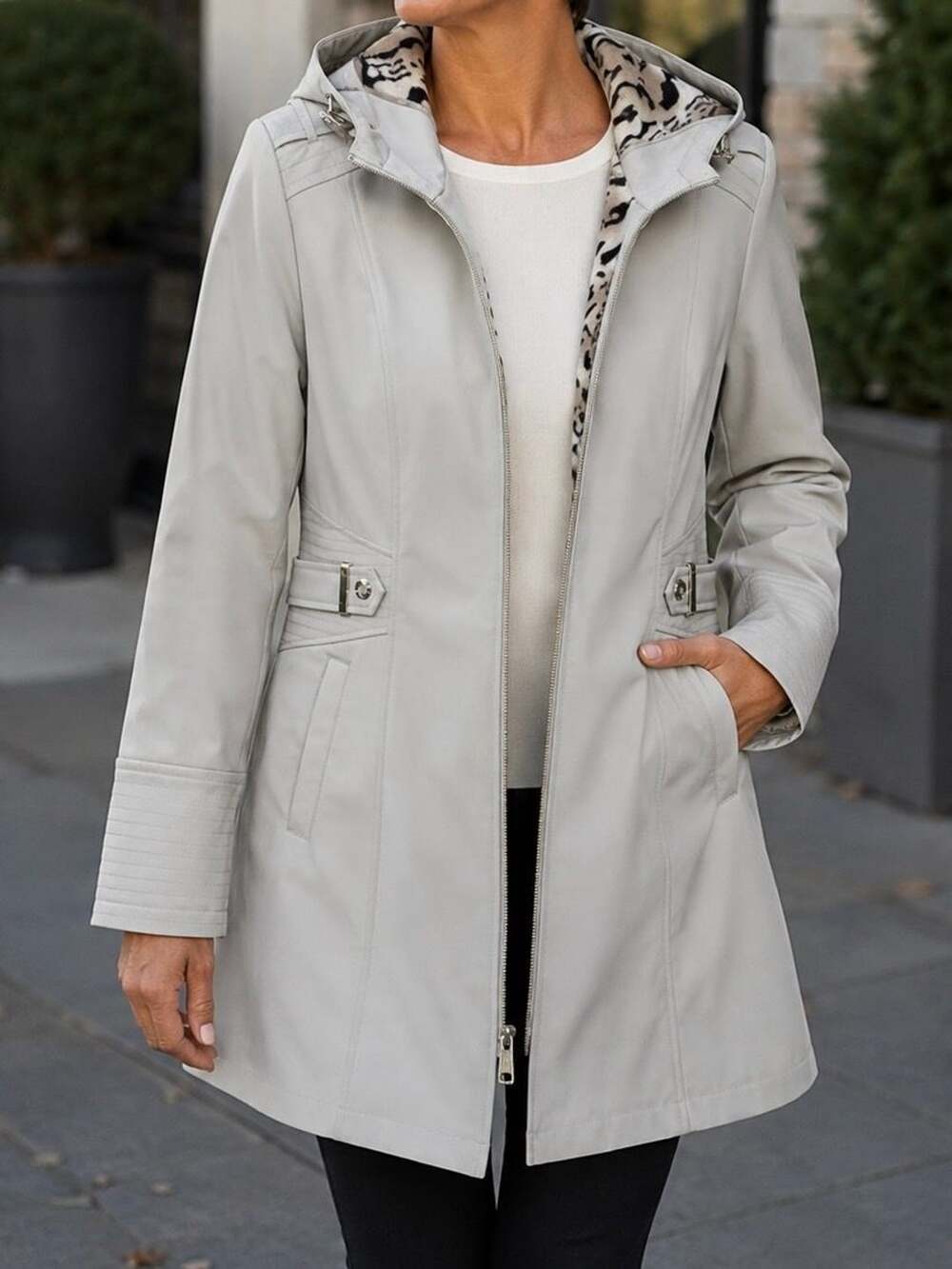 Via Spiga Zip Front Hooded Walker Coat with Leopard Faux Fur Backing, Size L